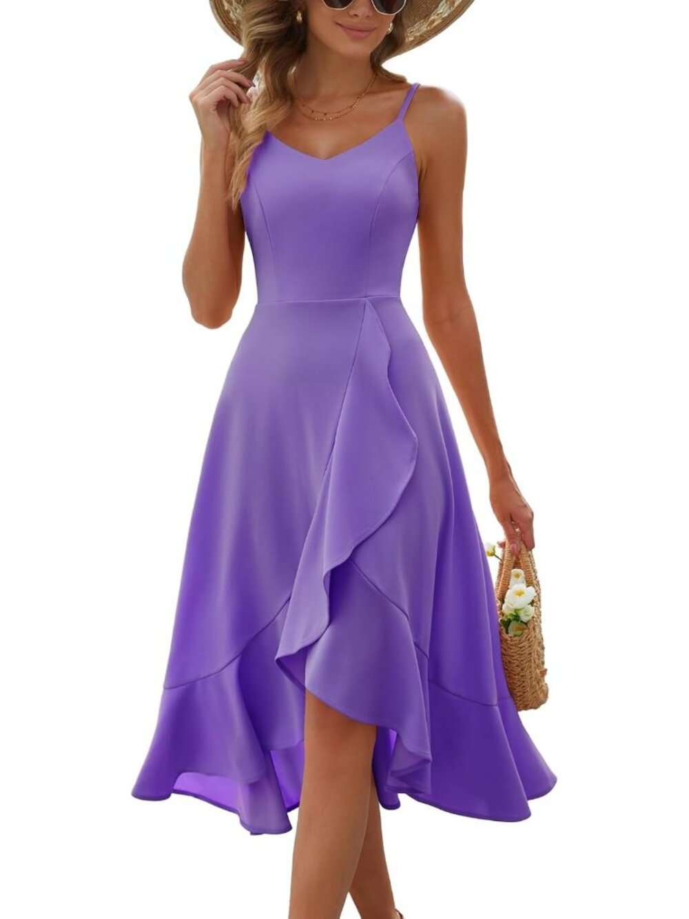 Women's Lavender Spaghetti Strap Cocktail Ruffle For Formal Wedding Guest Dress
